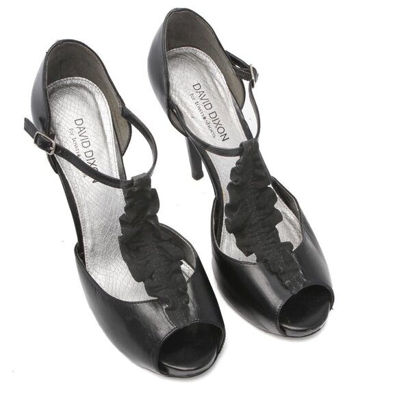 David Dixon Leather T-Strap Platform Peep Toe Pump Ruffle Vamp Stilettos Black - Picture 8 of 10